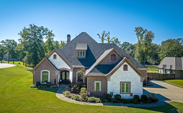 view of front of home featuring roof with shingles, a chimney, a front yard, fence, and driveway