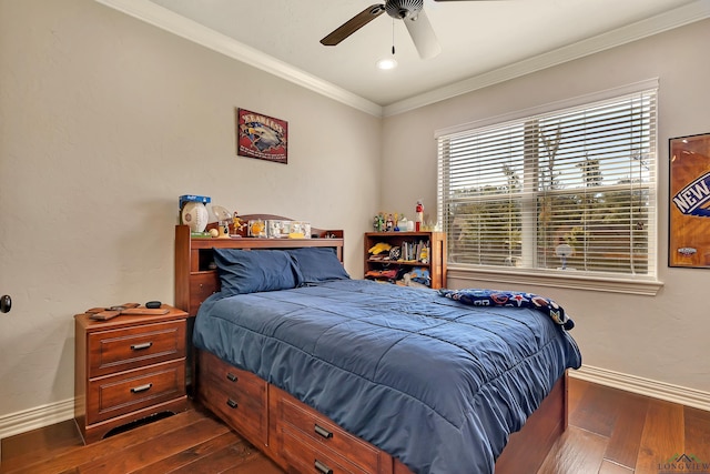 bedroom with ornamental molding, dark wood finished floors, baseboards, and ceiling fan