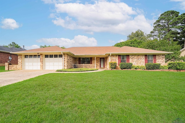 3714 Bill Owens Pkwy, Longview, TX 75605 - ranch-style house with an attached garage, a porch, a front lawn, and brick siding