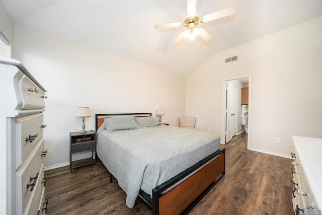 1610 Amanda Ln, Kilgore, TX 75662 - bedroom featuring dark wood-type flooring, lofted ceiling, and a ceiling fan
