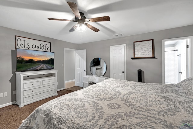 bedroom featuring ceiling fan, baseboards, visible vents, and dark colored carpet