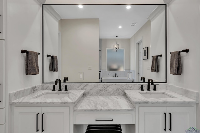 full bath with recessed lighting, double vanity, visible vents, and a sink