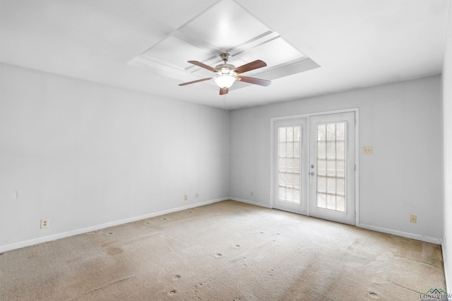 unfurnished room featuring french doors, baseboards, carpet, and a ceiling fan