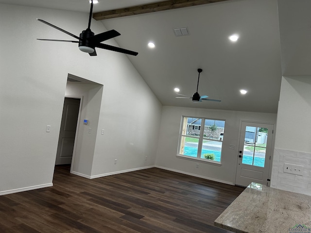 115 Alta St, Longview, TX 75604 - unfurnished living room with a ceiling fan, beam ceiling, dark wood-style floors, high vaulted ceiling, and baseboards