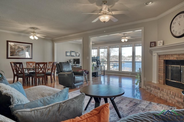 living room featuring hardwood / wood-style flooring, ornamental molding, a fireplace, and a textured ceiling