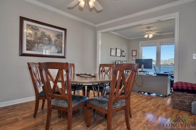 dining room featuring crown molding, ceiling fan, wood-type flooring, and a textured ceiling