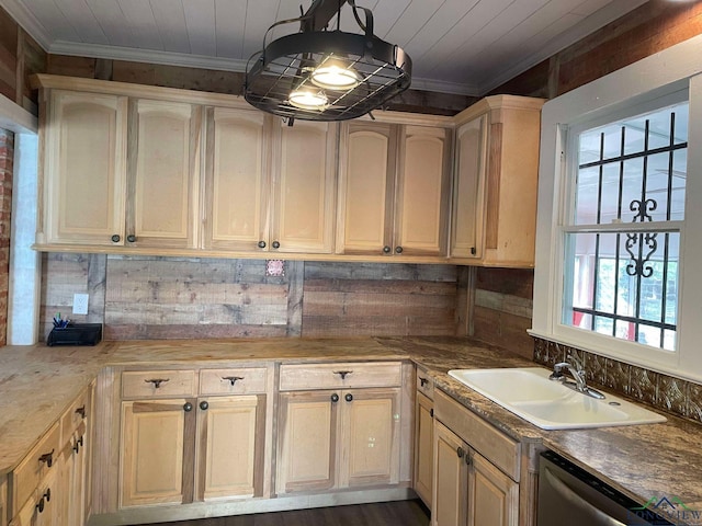 kitchen featuring light brown cabinetry, sink, stainless steel dishwasher, and ornamental molding