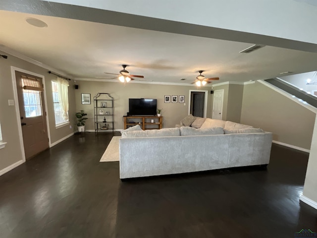 living room with ornamental molding, dark hardwood / wood-style floors, and ceiling fan