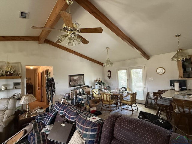 living room featuring beamed ceiling, ceiling fan, and high vaulted ceiling