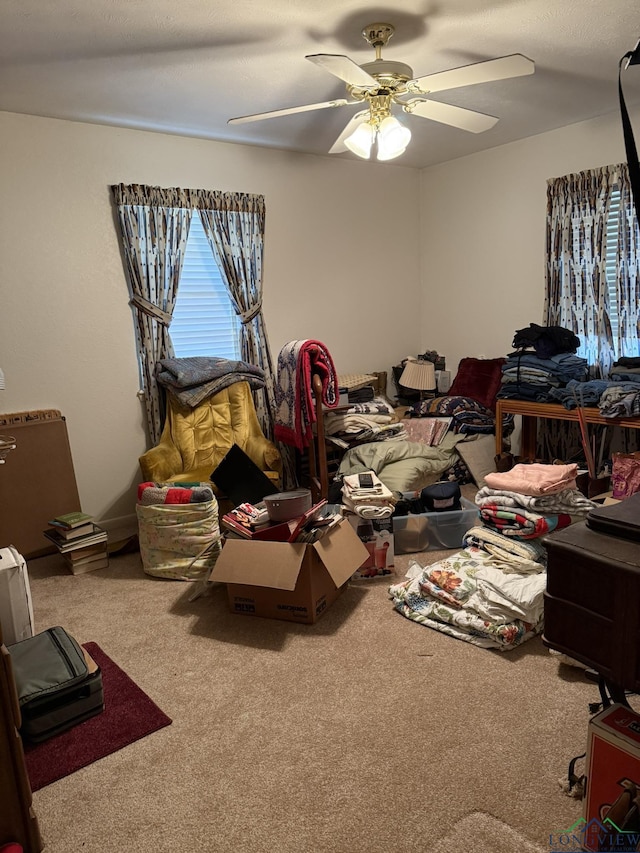 interior space with ceiling fan and carpet