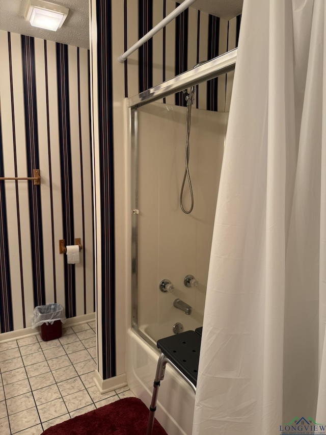 bathroom featuring tile patterned flooring, a textured ceiling, and shower / bathtub combination with curtain