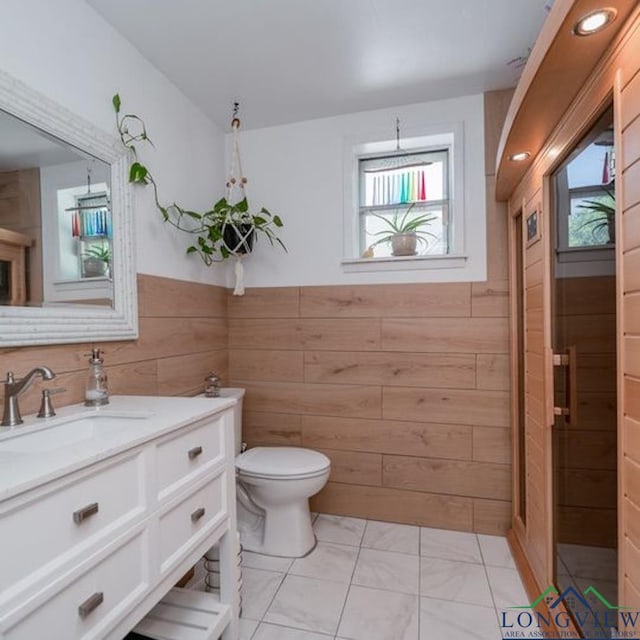 bathroom with vanity, toilet, and wood walls