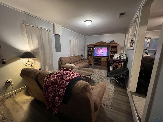 living room with electric panel