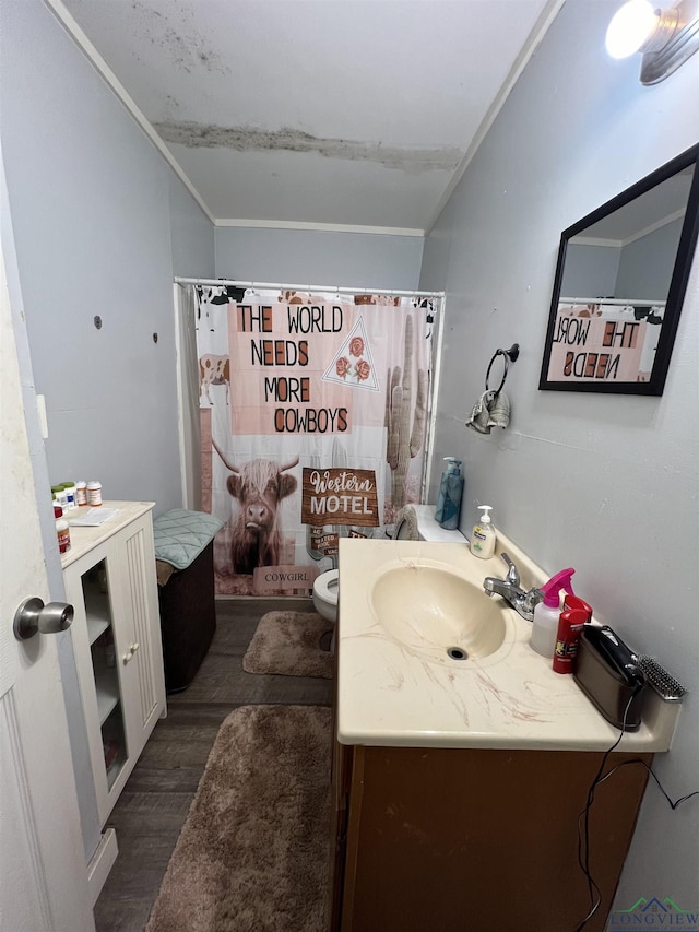 bathroom with a shower with shower curtain, vanity, wood-type flooring, and toilet