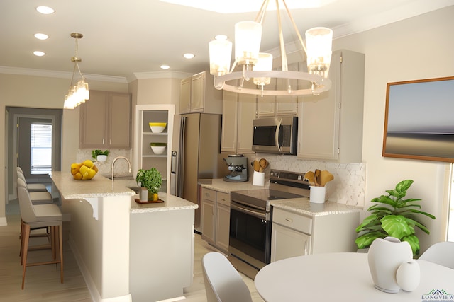 kitchen featuring a center island, stainless steel appliances, backsplash, a chandelier, and decorative light fixtures