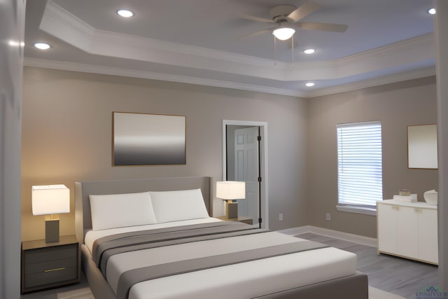 bedroom featuring a raised ceiling, crown molding, light hardwood / wood-style flooring, and ceiling fan