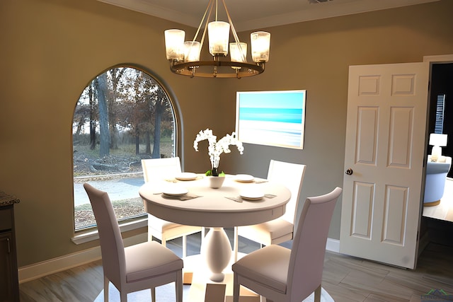 dining area with ornamental molding and a chandelier