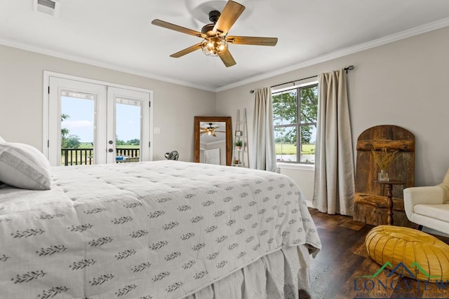 6056 Bobwhite Rd, Gilmer, TX 75645 - bedroom with access to outside, french doors, dark wood-style floors, crown molding, and ceiling fan