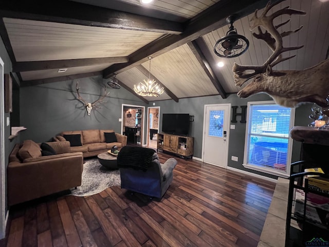 living room featuring hardwood / wood-style floors, lofted ceiling with beams, wood ceiling, and a chandelier