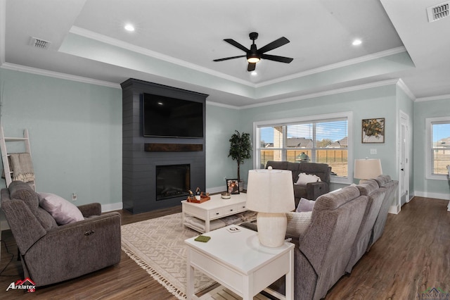 living room featuring a wealth of natural light, a large fireplace, a tray ceiling, and dark hardwood / wood-style floors