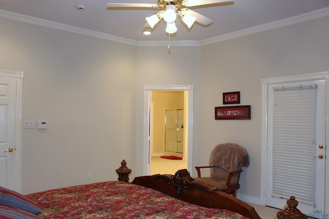 bedroom with ceiling fan, ornamental molding, and carpet floors