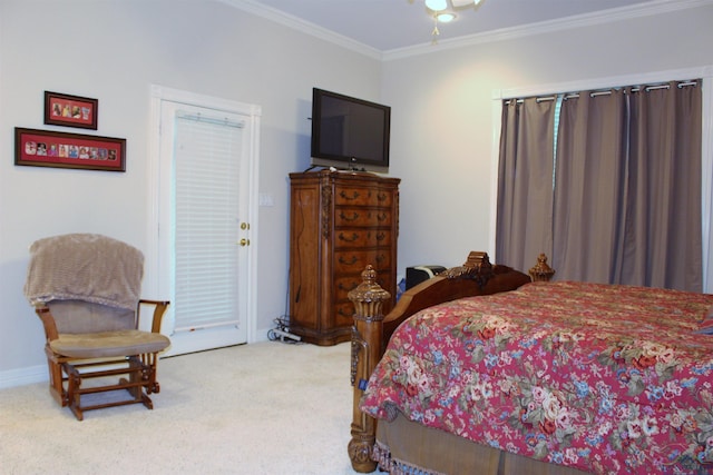 carpeted bedroom with ornamental molding