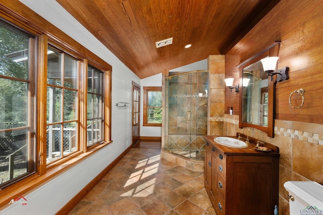 bathroom with walk in shower, vanity, wooden ceiling, toilet, and lofted ceiling