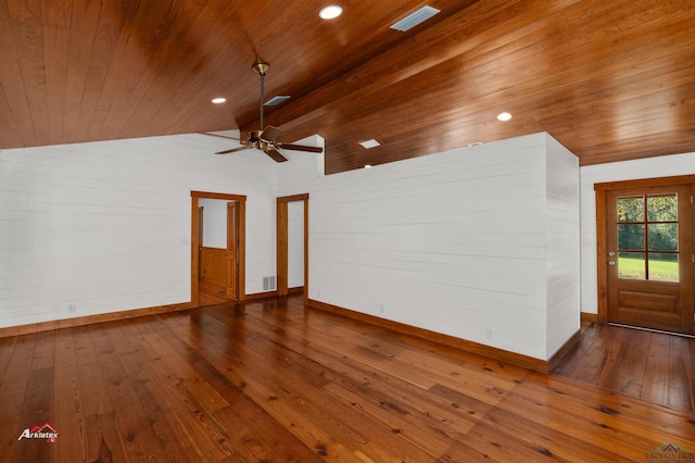 unfurnished living room featuring ceiling fan, hardwood / wood-style floors, wooden ceiling, and vaulted ceiling