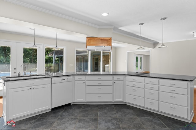 3408 Airline Rd, Longview, TX 75605 - kitchen featuring dishwasher, ornamental molding, white cabinetry, decorative light fixtures, and recessed lighting