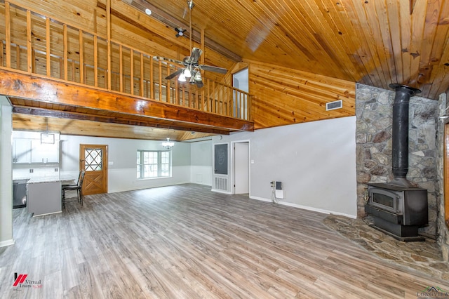 unfurnished living room featuring hardwood / wood-style flooring, a wood stove, wood ceiling, ceiling fan, and high vaulted ceiling