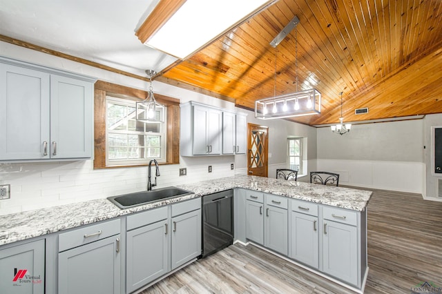 kitchen featuring sink, black dishwasher, wooden ceiling, and hanging light fixtures