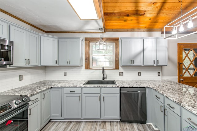 kitchen featuring sink, stainless steel appliances, a wealth of natural light, and pendant lighting