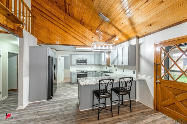 kitchen featuring kitchen peninsula, wood ceiling, sink, appliances with stainless steel finishes, and a kitchen bar