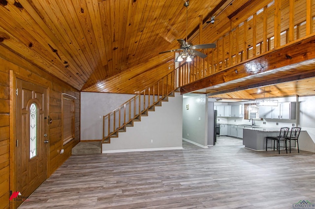 interior space with wood ceiling, sink, vaulted ceiling, ceiling fan, and wood-type flooring