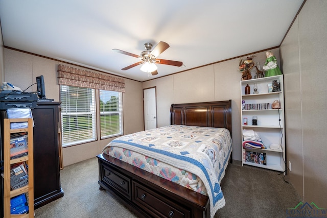 bedroom featuring ceiling fan, ornamental molding, and carpet floors