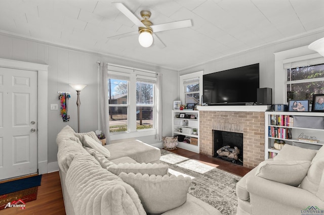 living room featuring ceiling fan, dark wood-type flooring, a fireplace, and crown molding