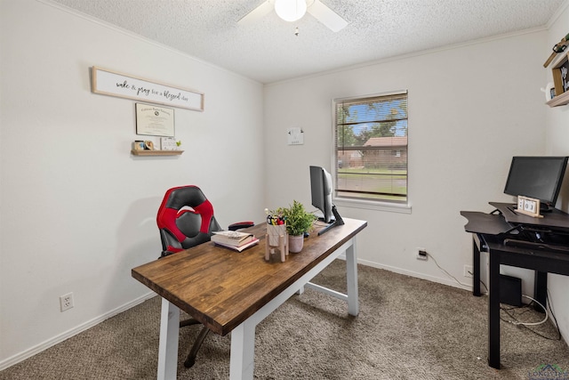 carpeted home office with ceiling fan, ornamental molding, and a textured ceiling