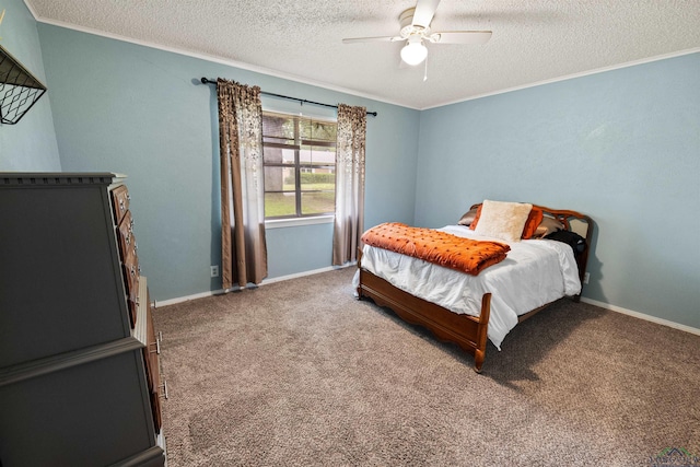 carpeted bedroom with ceiling fan and a textured ceiling