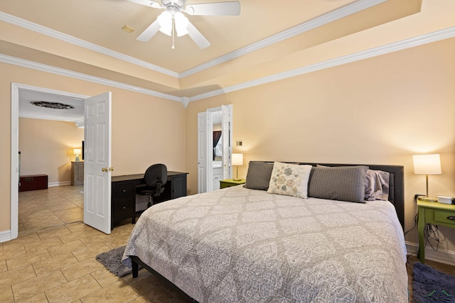 504 Lakewood Dr, Longview, TX 75604 - bedroom featuring light tile patterned floors, baseboards, ornamental molding, a ceiling fan, and a tray ceiling