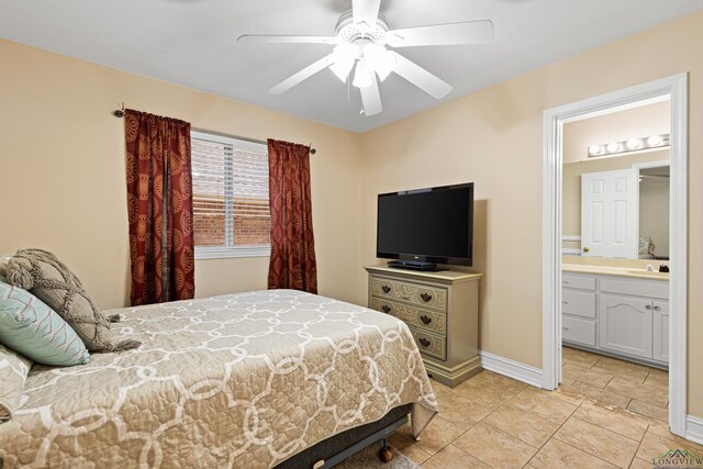 504 Lakewood Dr, Longview, TX 75604 - bedroom with a sink, ensuite bathroom, baseboards, and a ceiling fan