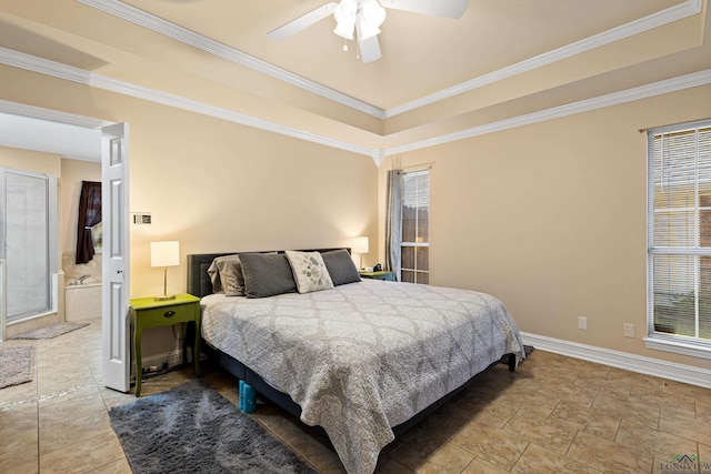 504 Lakewood Dr, Longview, TX 75604 - bedroom featuring a raised ceiling, crown molding, baseboards, and multiple windows