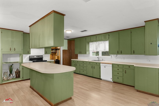 kitchen with a center island, green cabinets, black electric range oven, white dishwasher, and light hardwood / wood-style floors