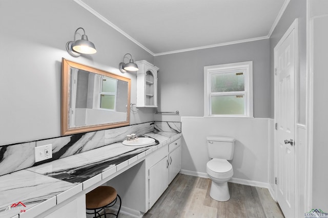 bathroom with vanity, toilet, wood-type flooring, and crown molding