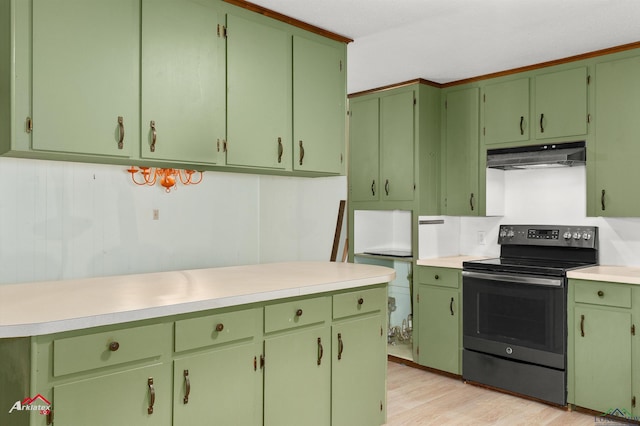 kitchen with light hardwood / wood-style flooring, stainless steel electric stove, and green cabinetry