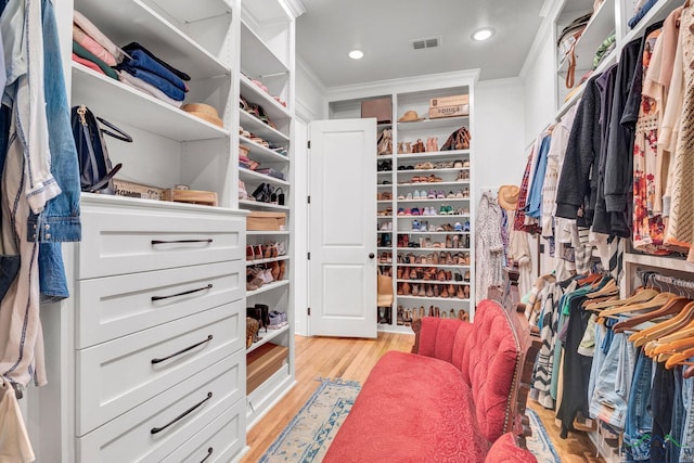 walk in closet with light wood-type flooring