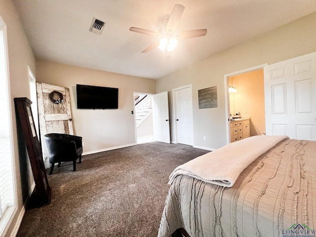 bedroom featuring ceiling fan, carpet floors, and connected bathroom