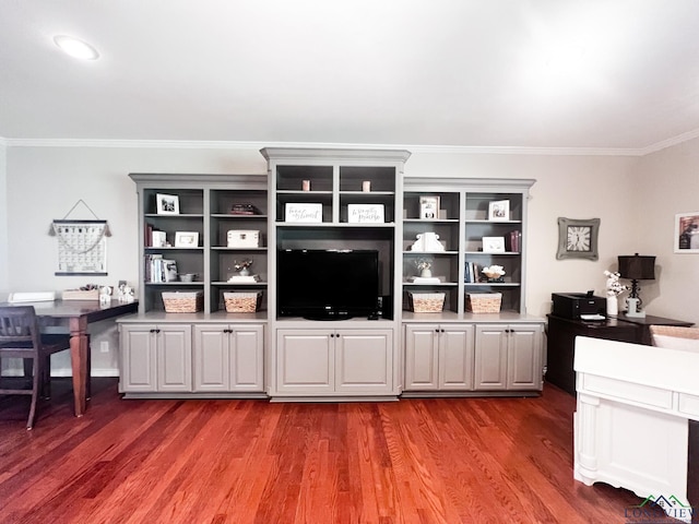 living room featuring dark hardwood / wood-style floors and crown molding