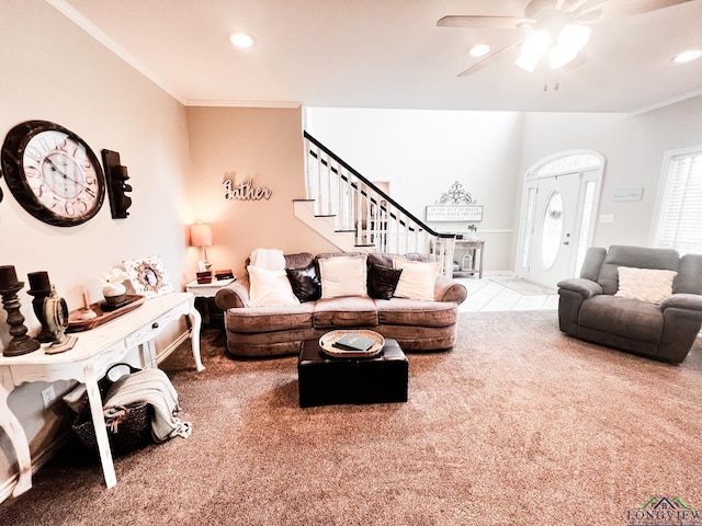 tiled living room featuring crown molding and ceiling fan