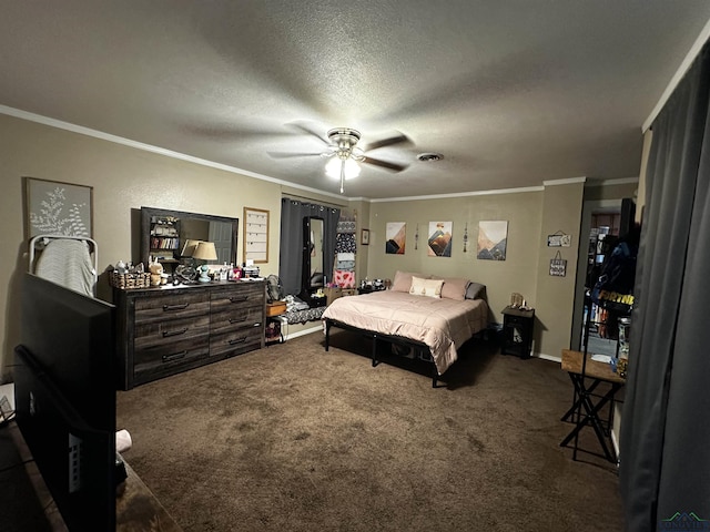 carpeted bedroom with a textured ceiling, ceiling fan, and crown molding