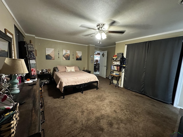 bedroom with a ceiling fan, crown molding, a textured ceiling, and carpet